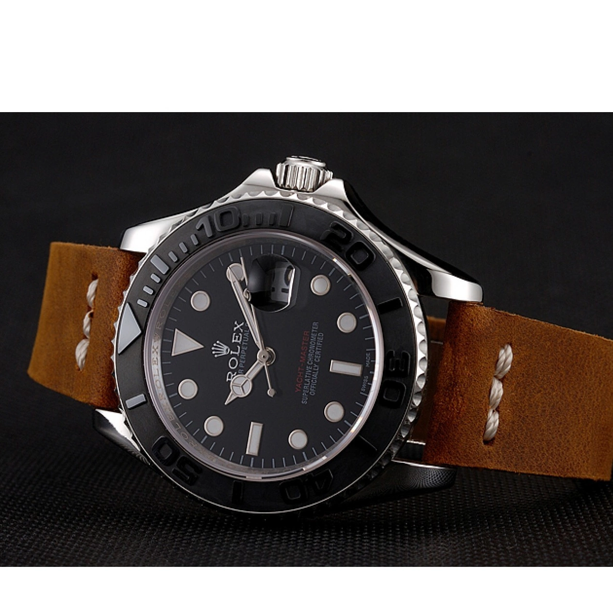 Best AAA Replica Sites Brown Case Leather Master Rolex Yacht Bracelet 1453859 Dial Silver Black 0713